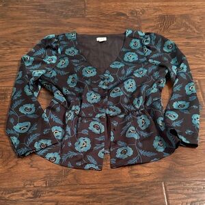 J. Crew Teal and Black Floral Long Sleeve Blouse